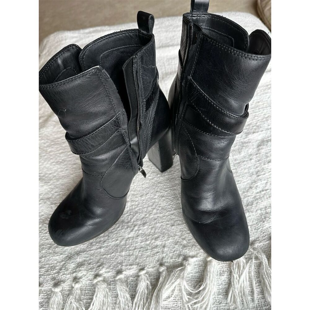 Clarks Women's Black Leather Boot with 3.5 inch Block Heel & Buckle